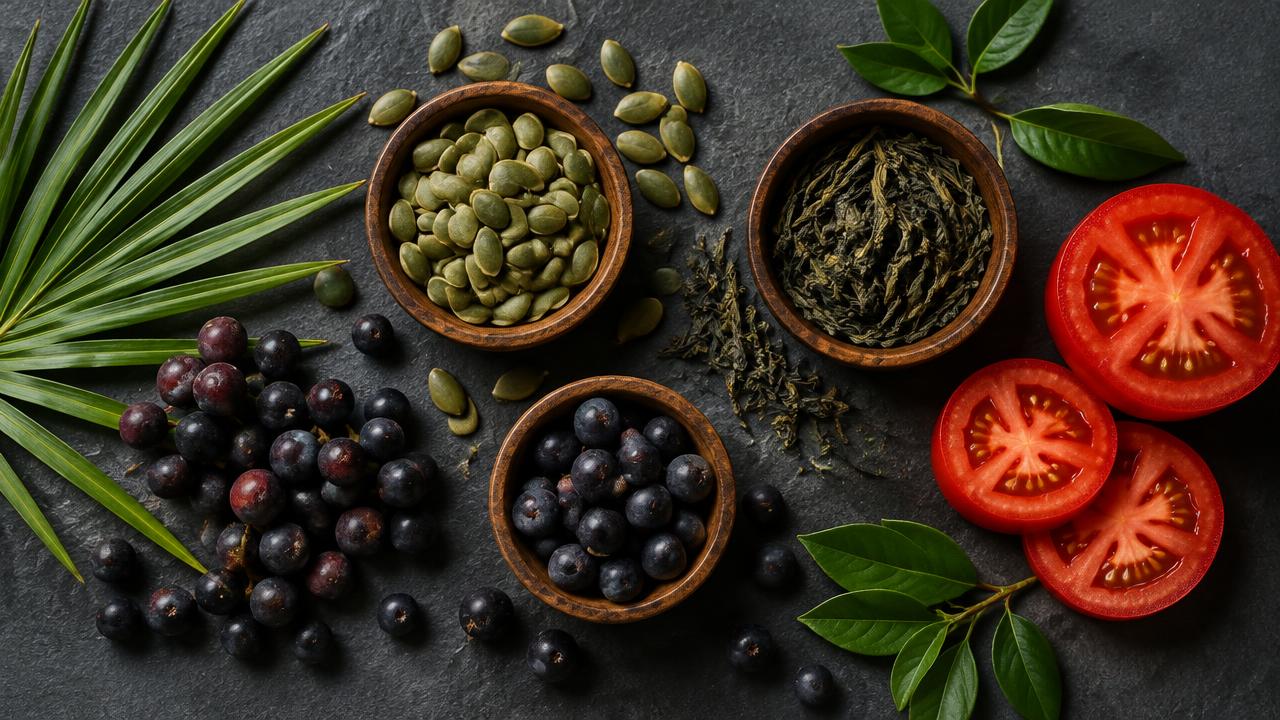 Saw palmetto berries, pumpkin seeds, green tea and tomato