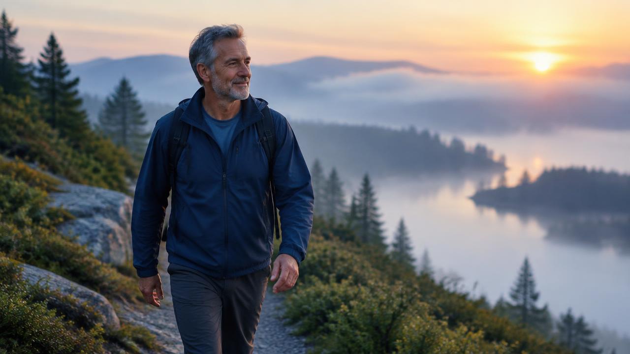 Active older man walking a trail at sunrise